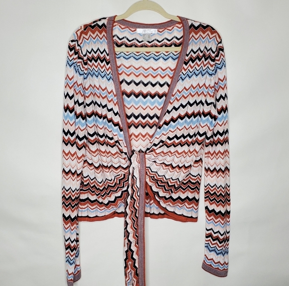 Lascana Chevron Print Tie Front Cardigan Size L Open Weave Details Lightweight - Picture 1 of 10